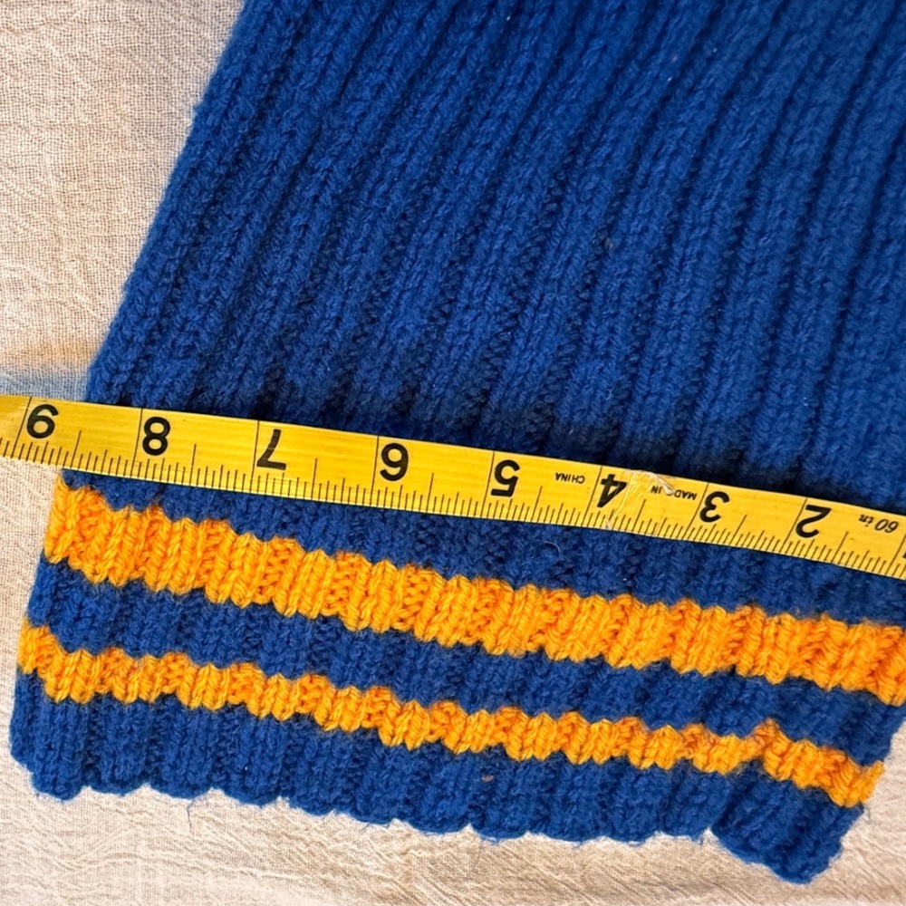 Vintage Knit‎ Beanie Hat Blue Orange Striped Bobble Hat Winter Warm - Picture 5 of 6